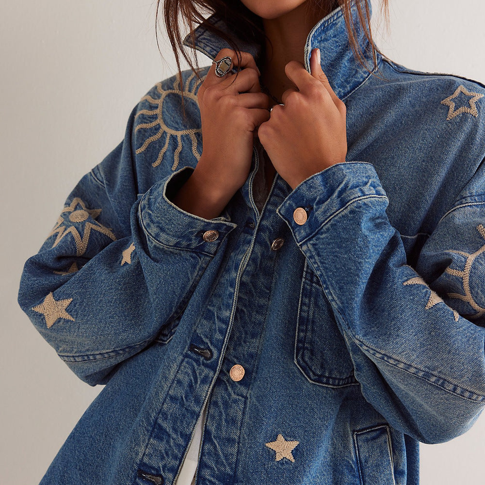Women's Spring Denim Jacket with Embroidered Sun Moon and Stars