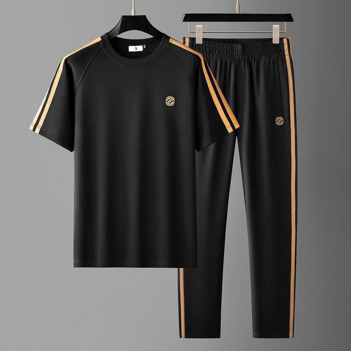 Men Tracksuit with Gold-Accented Stripes and Relaxed Fit