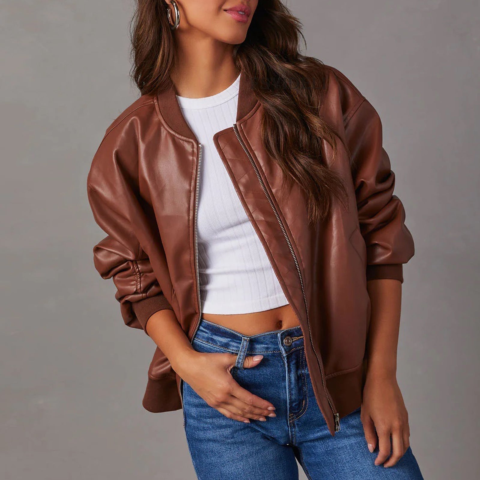 Women's Winter Leather Jacket with Quilted Interior and Full-Zip Front