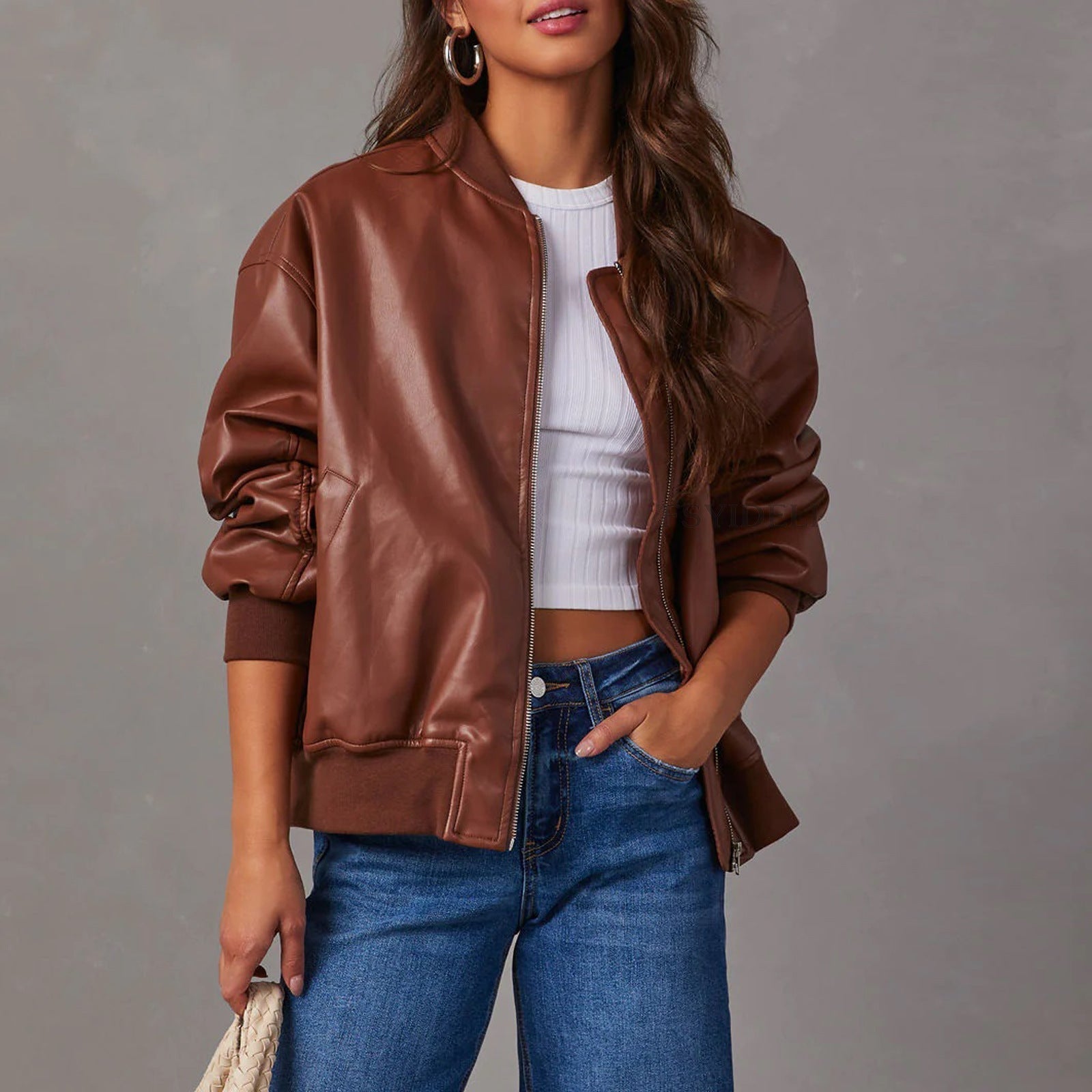 Women's Winter Leather Jacket with Quilted Interior and Full-Zip Front