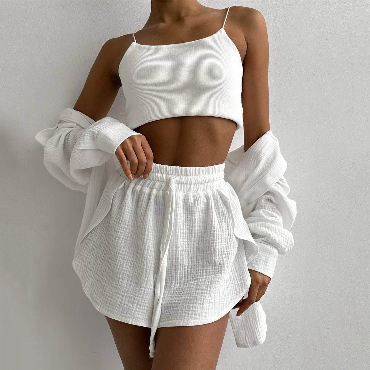 Women's Summer Button-Front Shirt and Drawstring Shorts Set
