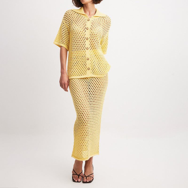 Women's Summer Knitted Skirt and Button-Up Top Set with Open-Weave