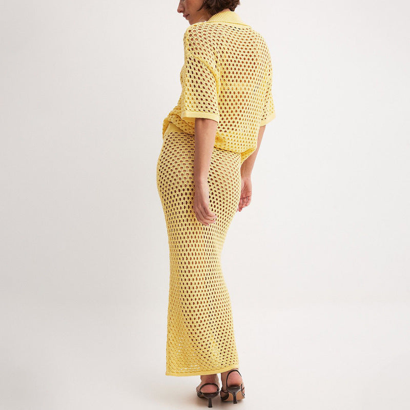 Women's Summer Knitted Skirt and Button-Up Top Set with Open-Weave