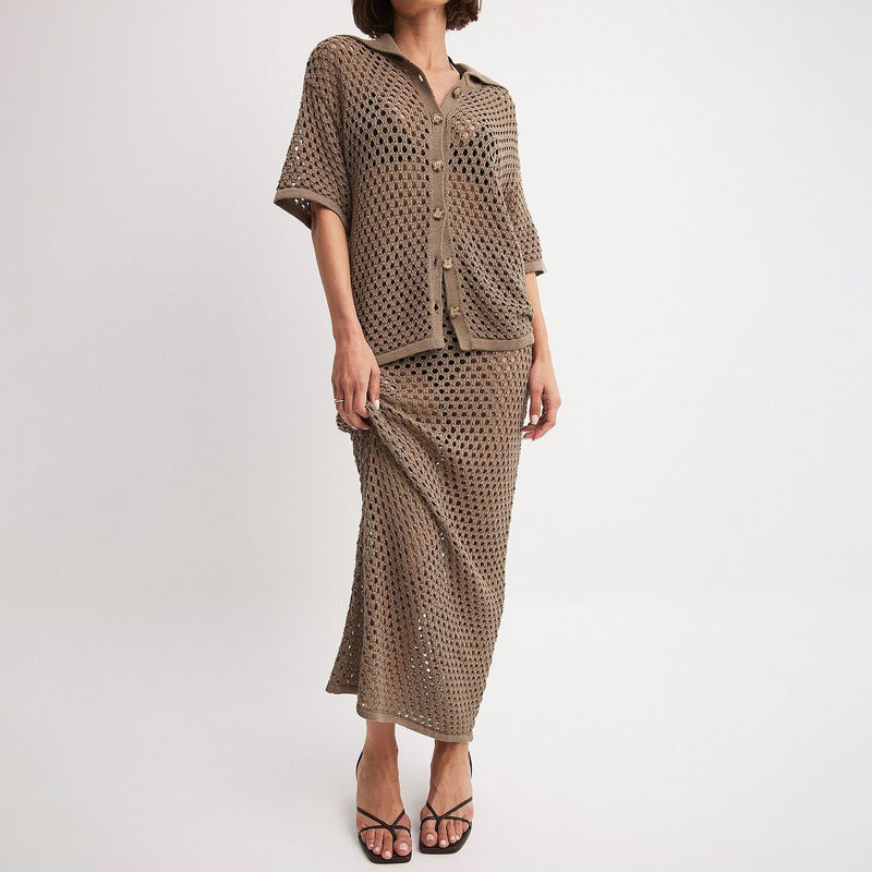 Women's Summer Knitted Skirt and Button-Up Top Set with Open-Weave