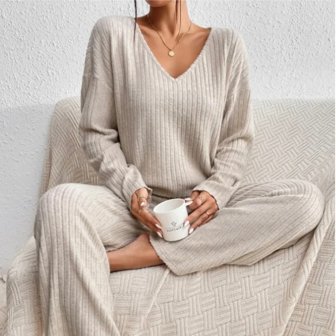 Women's Ribbed V-Neck Sweater and Pants Lounge Set