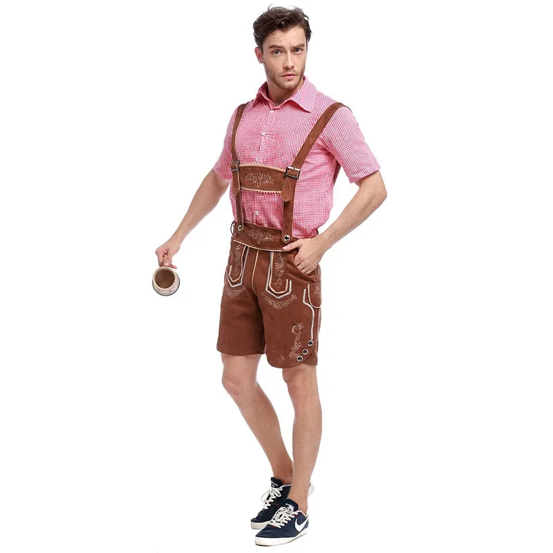 Authentic Bavarian men's Lederhosen set with elegant embroidery, stylish checkered shirt, and traditional hat for the perfect Bavarian look