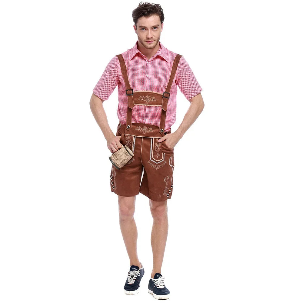 Authentic Bavarian men's Lederhosen set with elegant embroidery, stylish checkered shirt, and traditional hat for the perfect Bavarian look