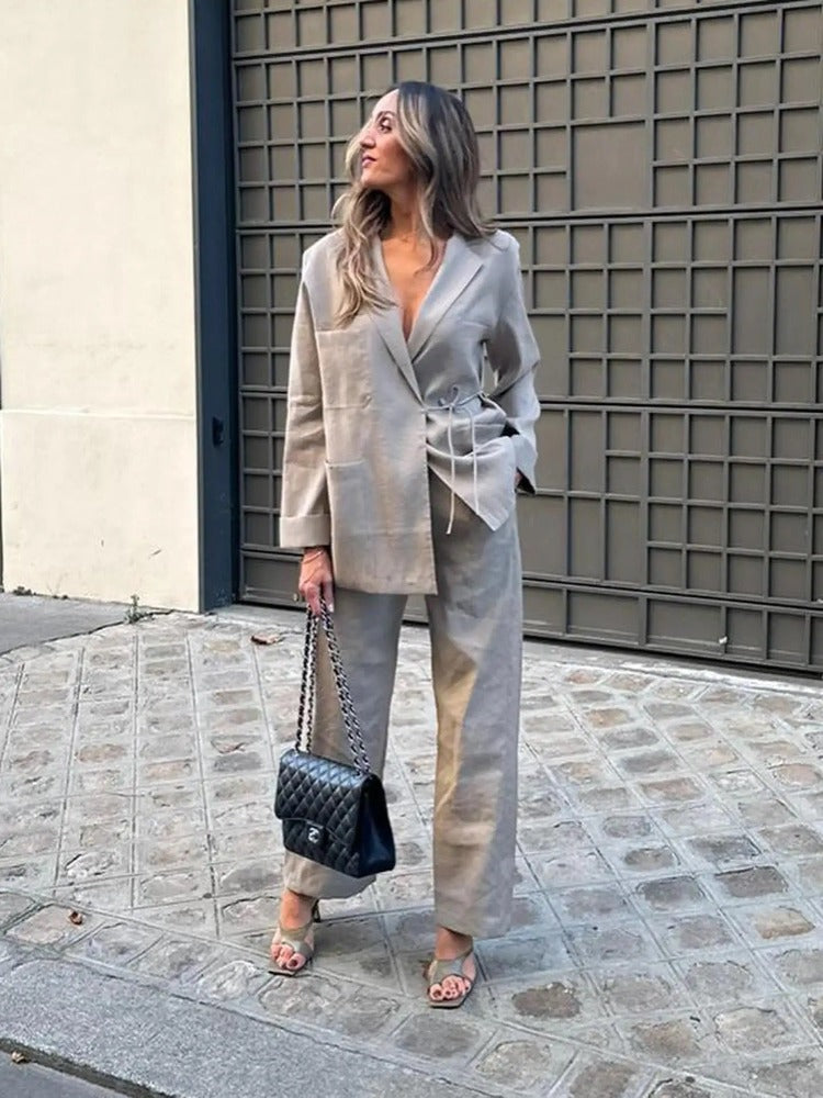 Women's Oversized Blazer and Wide-Leg Pants Set with Adjustable Waist