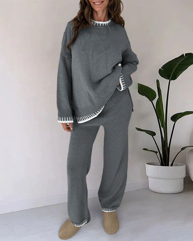 Women's Autumn Knit Lounge Set with Long Sleeve Top and Pants