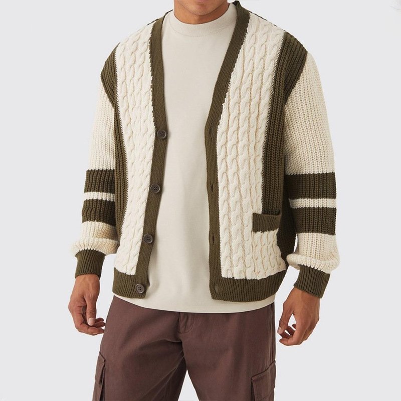 Men's Cable Knit Cotton Cardigan with Contrast Trim