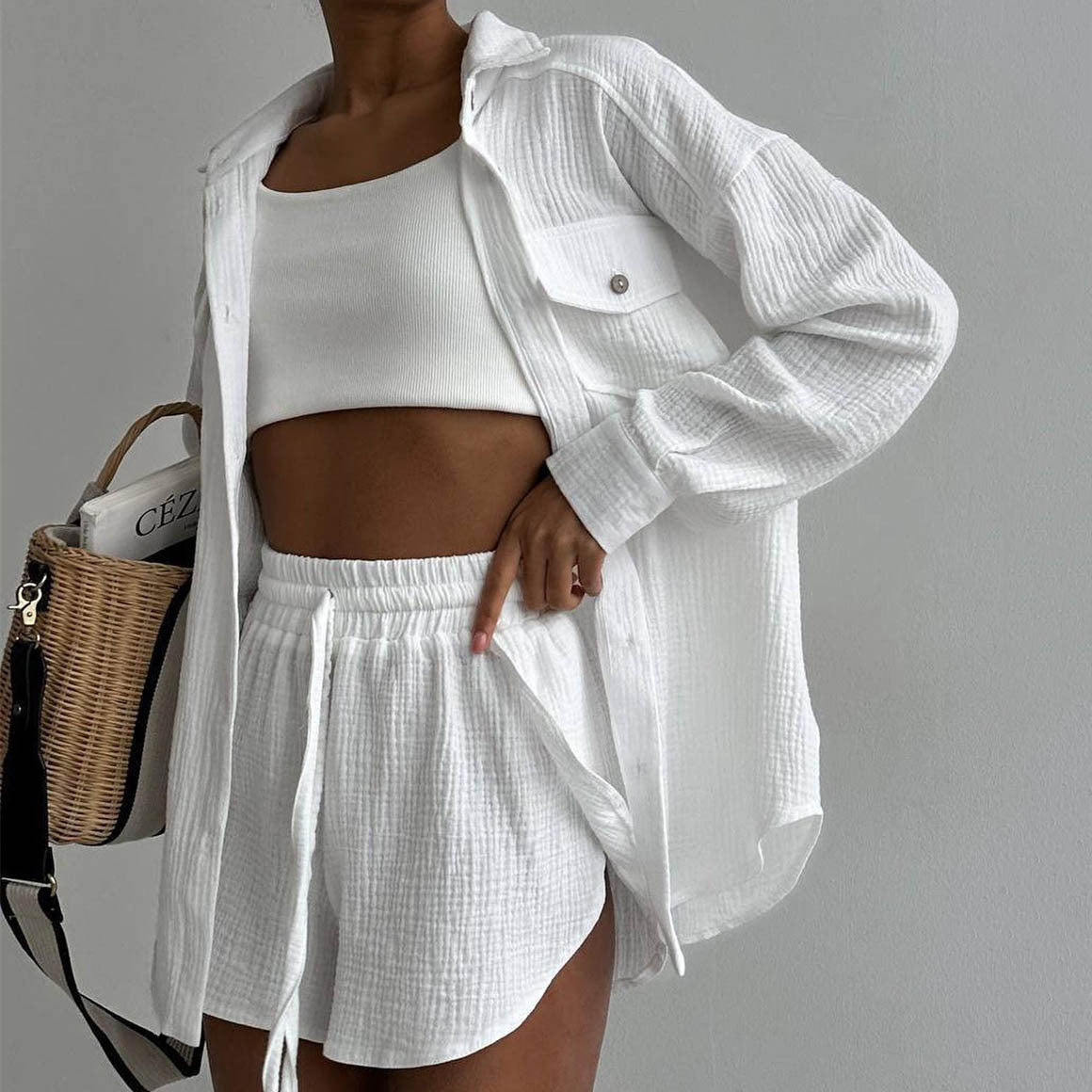 Women's Summer Button-Front Shirt and Drawstring Shorts Set