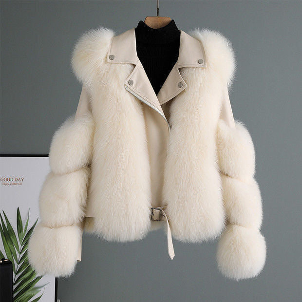 Women's Winter Fur-Trimmed Leather Jacket with Adjustable Belt