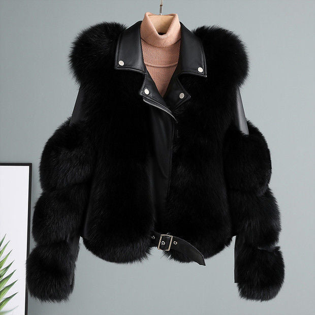 Women's Winter Fur-Trimmed Leather Jacket with Adjustable Belt