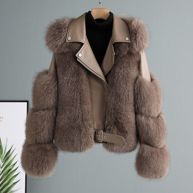 Women's Winter Fur-Trimmed Leather Jacket with Adjustable Belt