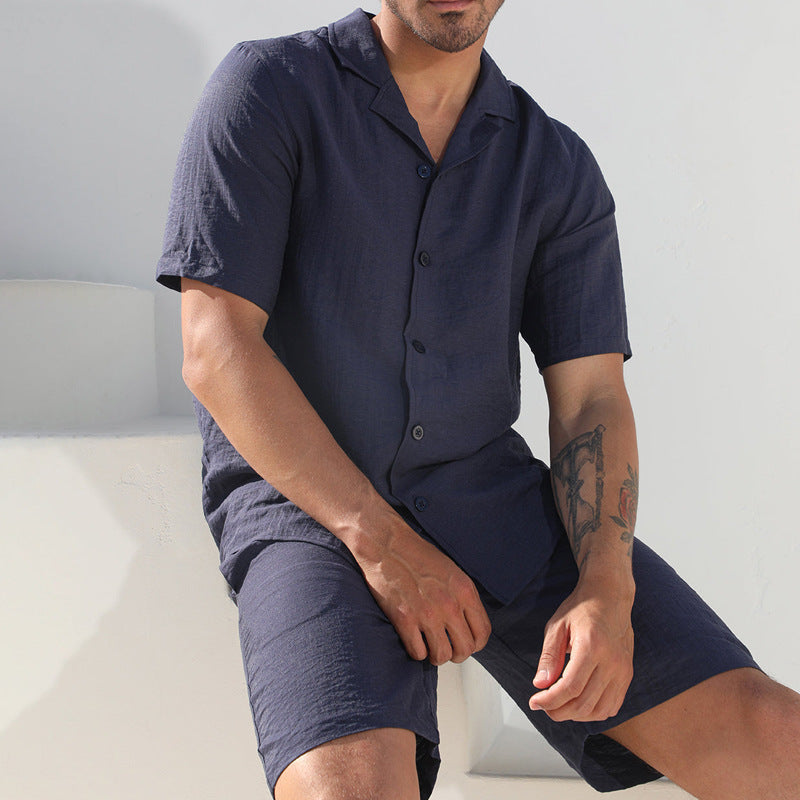 Men's Summer Cotton Button-Down Shirt and Stretch Shorts Set
