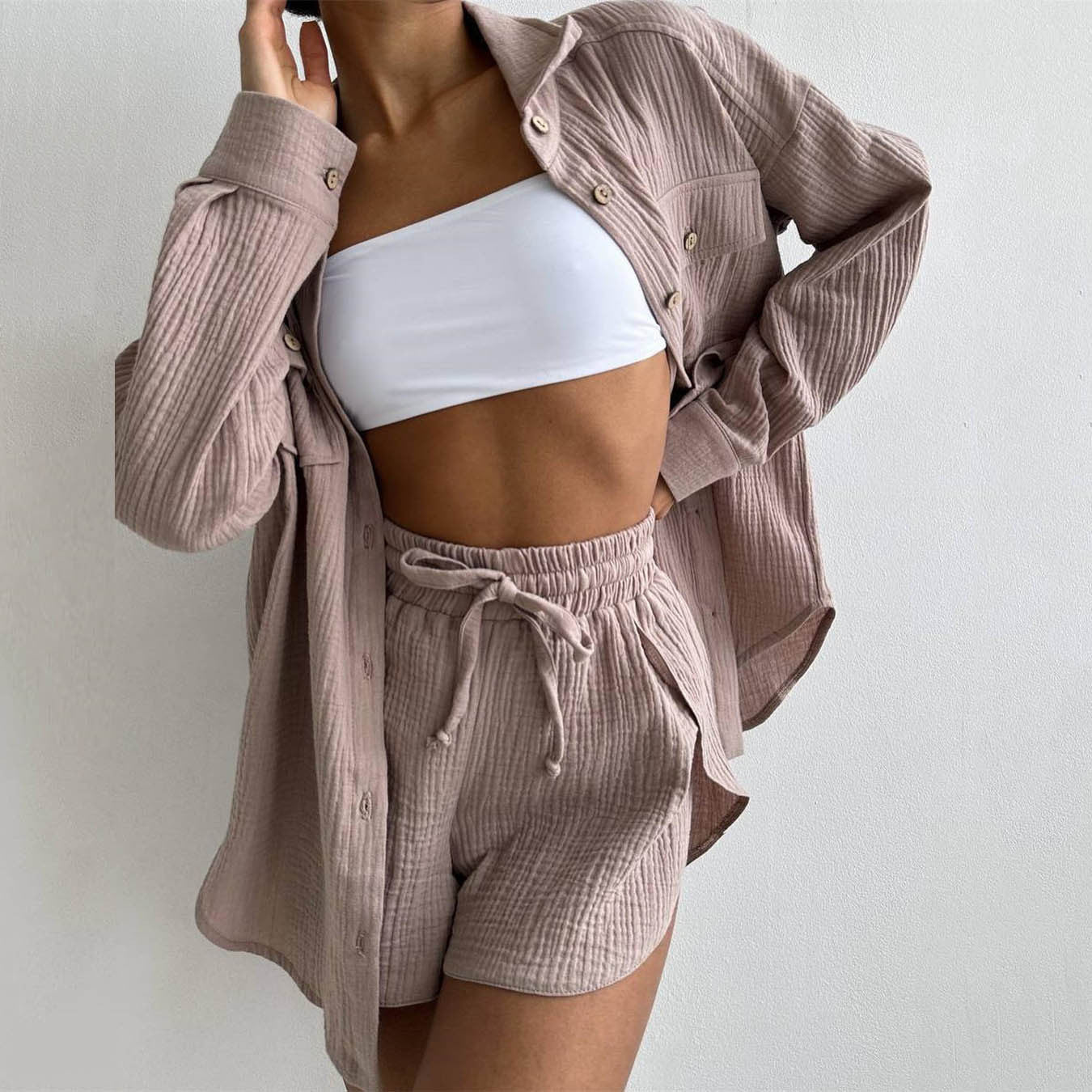 Women's Summer Button-Front Shirt and Drawstring Shorts Set