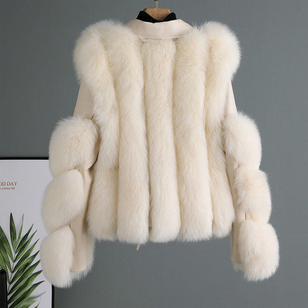 Women's Winter Fur-Trimmed Leather Jacket with Adjustable Belt
