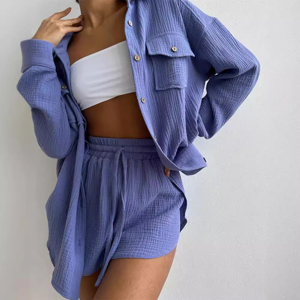 Women's Summer Button-Front Shirt and Drawstring Shorts Set