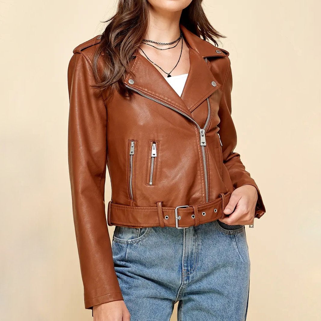 Women's Cropped Moto Leather Jacket with Adjustable Waist Belt