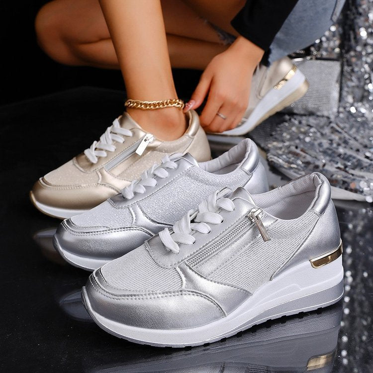 Women Platform Sneakers with Zipper Closure and Gloss Finish