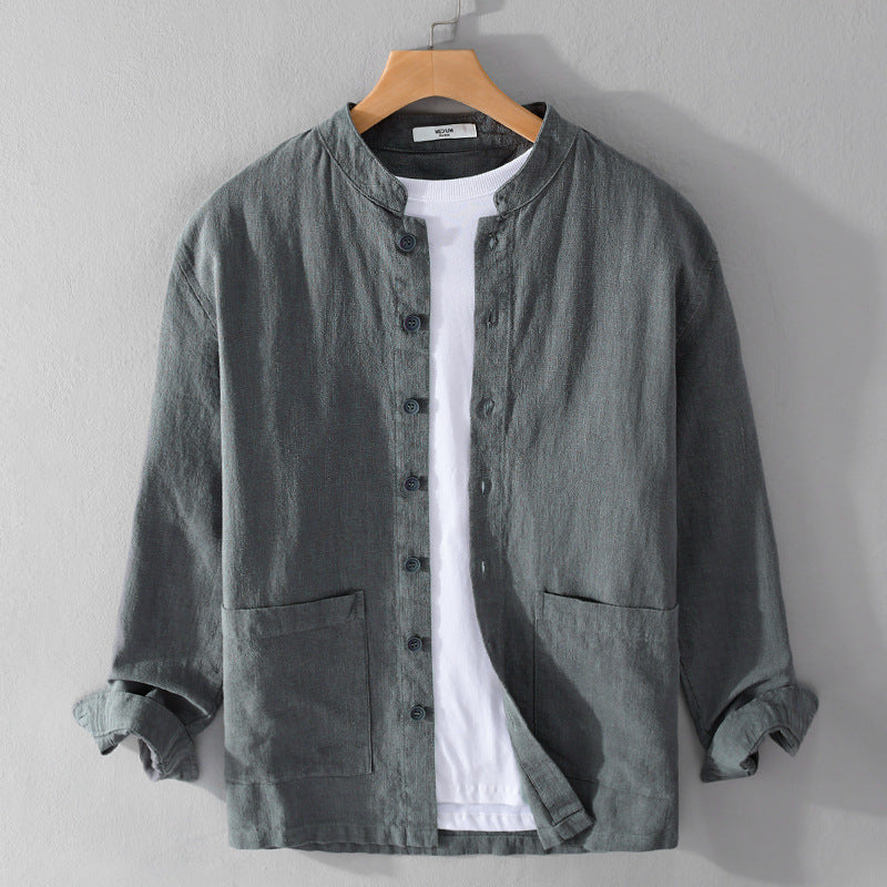 Men's Linen Shirt Button-Up Collarless Lightweight