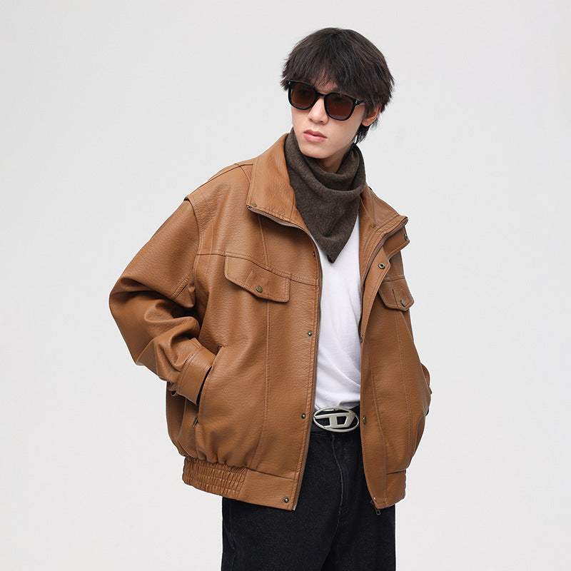 Men's Leather Bomber Jacket with Oversized Fit and Chest Pockets