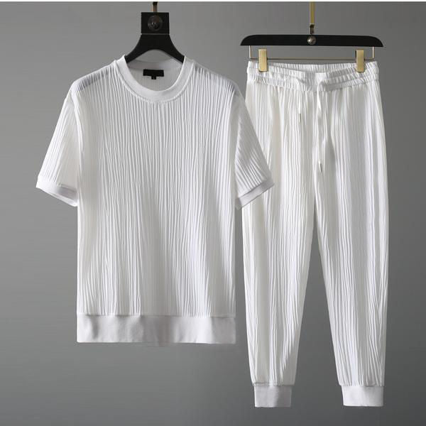 Men's Summer Short Sleeve Shirt and Shorts Set in Textured Cotton Blend