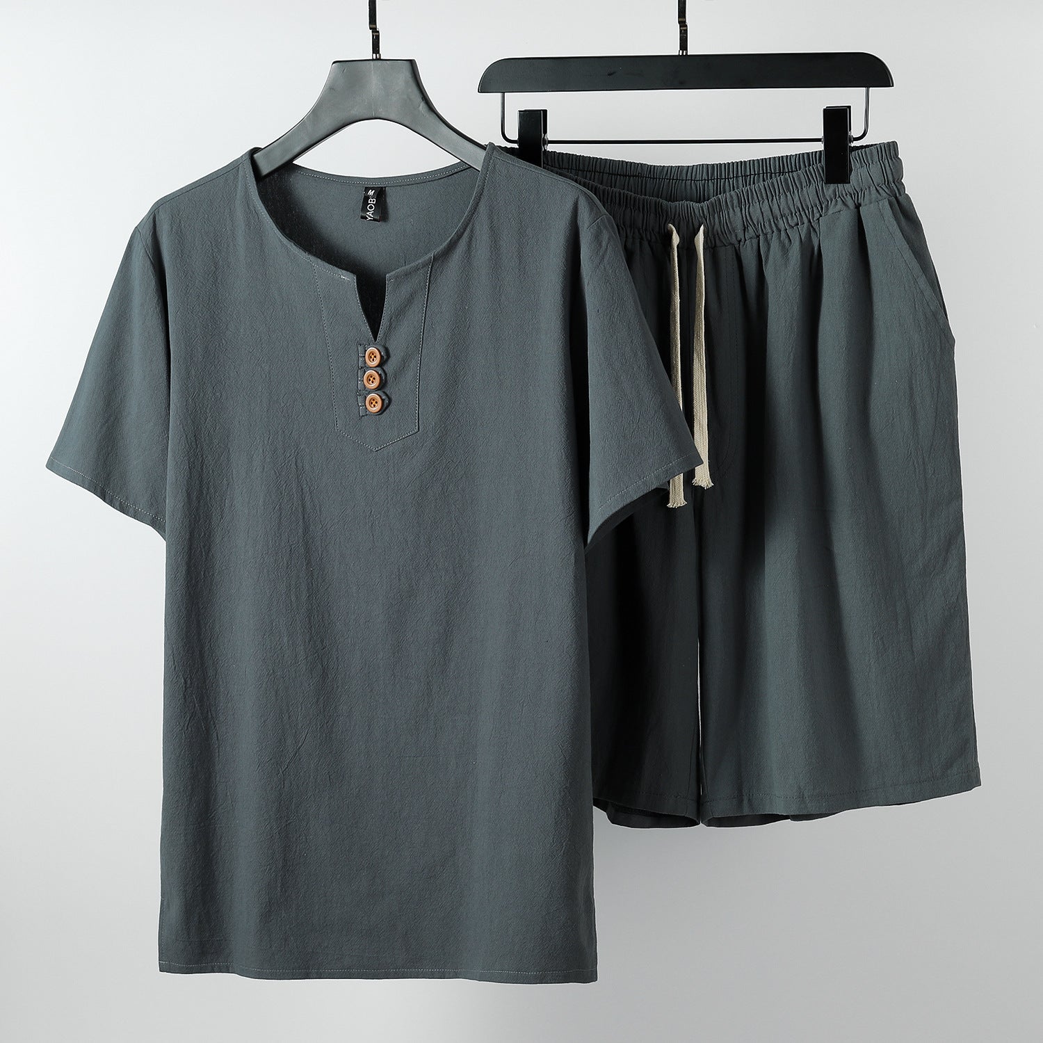Men's Cotton Open-Neck Tee and Drawstring Shorts Set