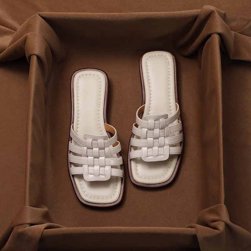 Women Summer Leather Sandals Hand-Woven Square Toe Soft Cushioned Footbed
