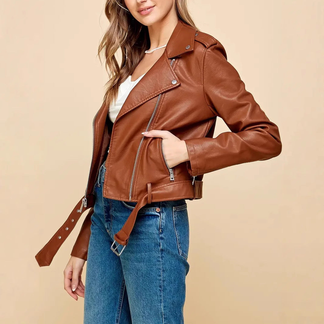 Women's Cropped Moto Leather Jacket with Adjustable Waist Belt