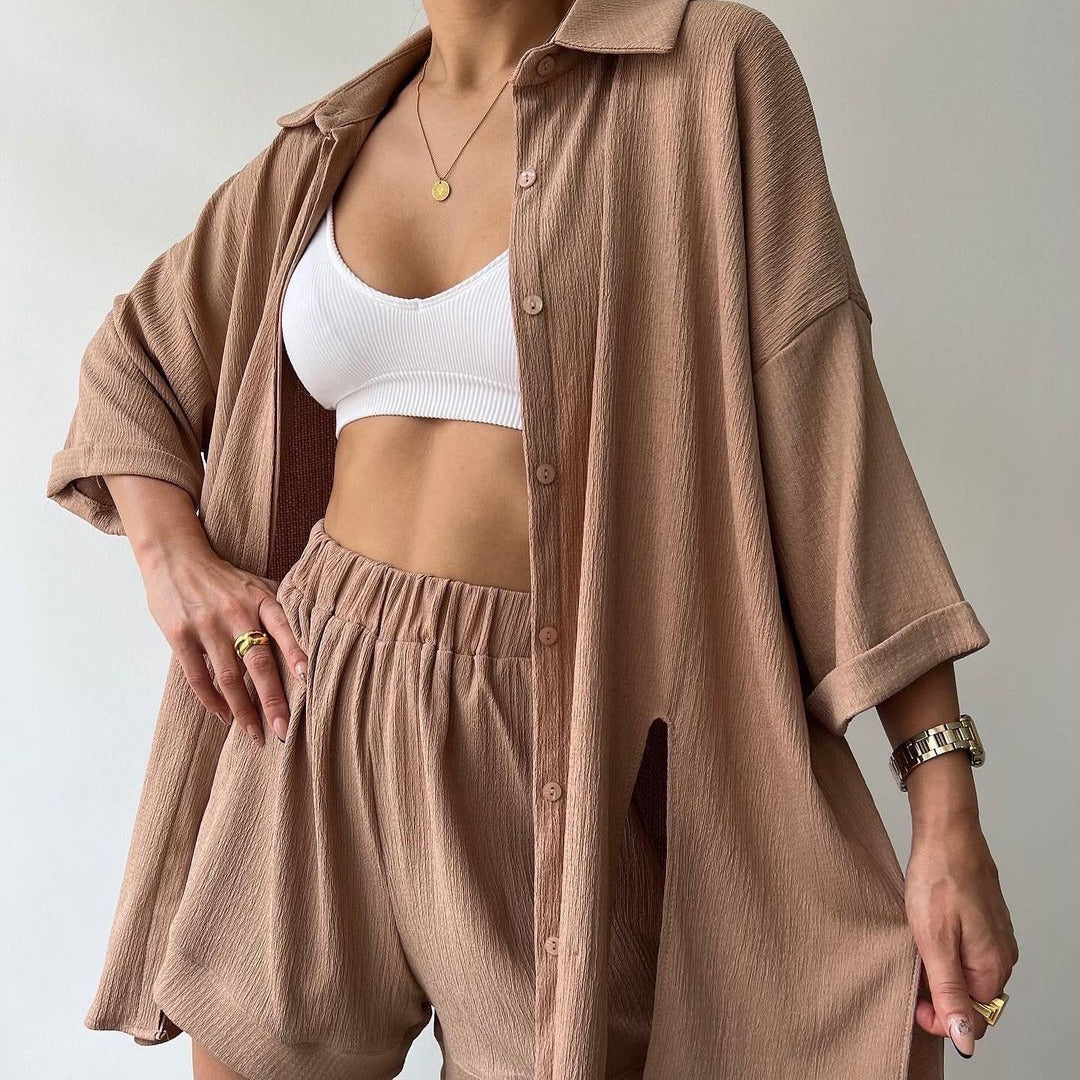 Women's Summer Button-Up Shirt and High-Waist Shorts Set