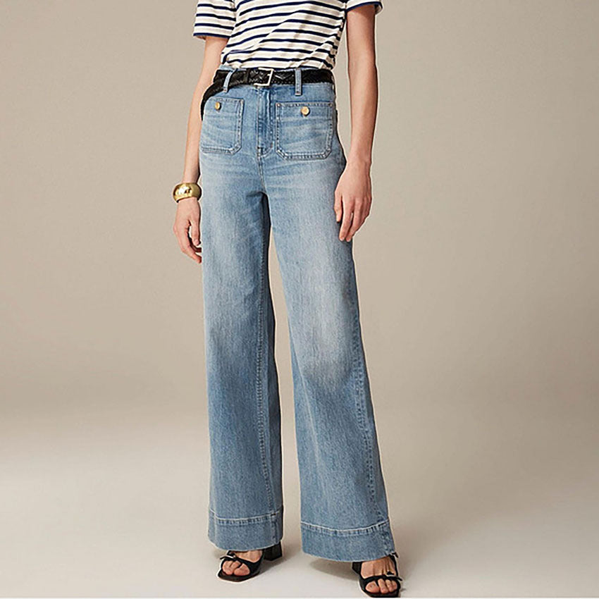 Women High-Rise Flare Jeans with Front-Button Pockets