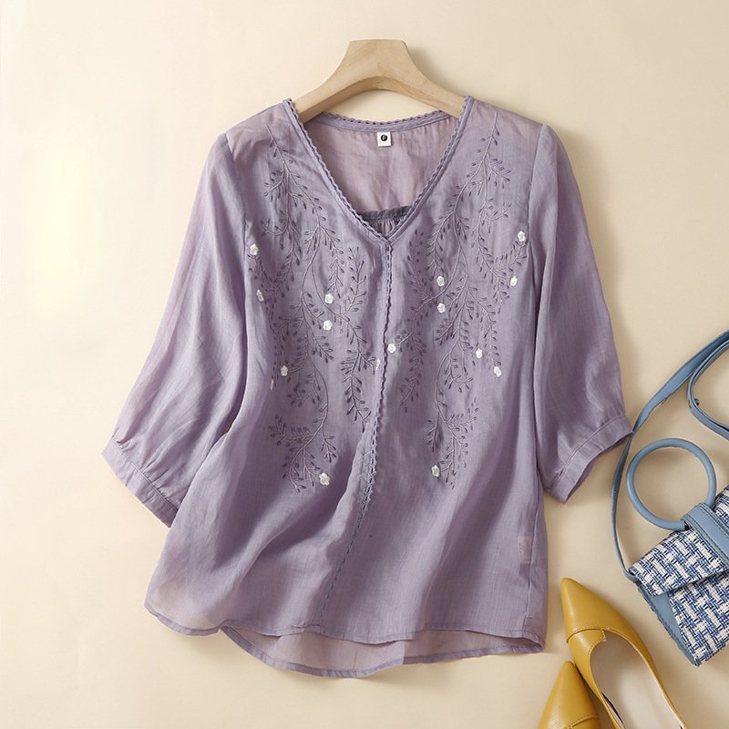 Women's Linen Blouse with Flowy Fit and Embroidered Floral Accents