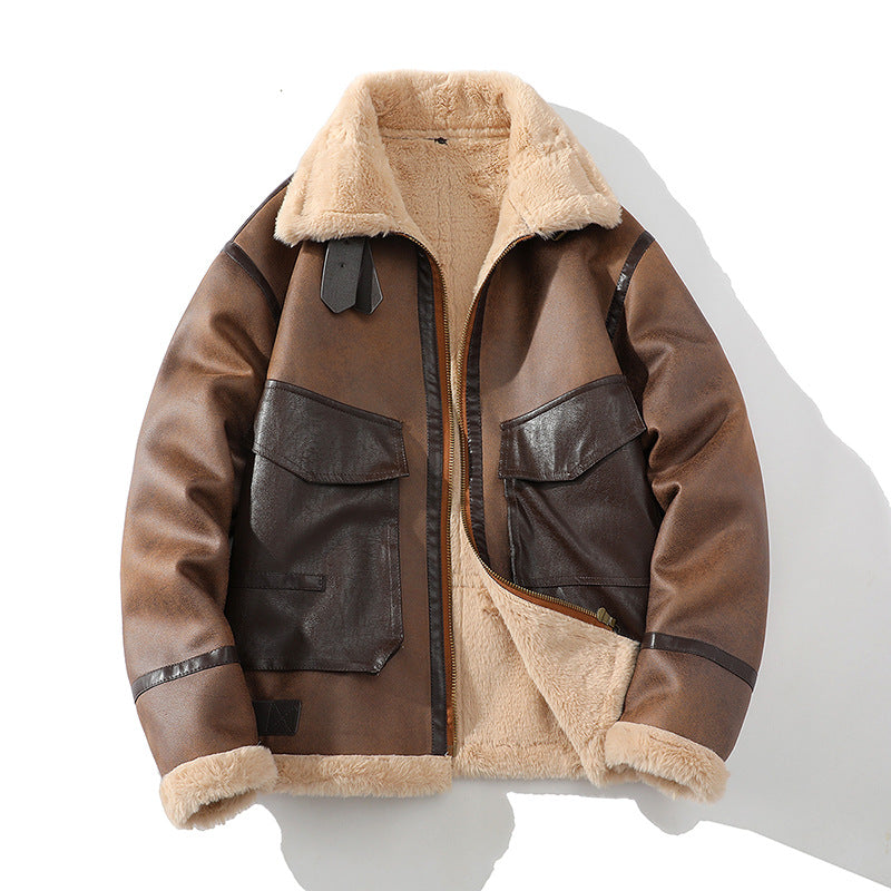 Men's Winter Aviator Jacket with Leather Exterior and Sherpa Fleece Lining