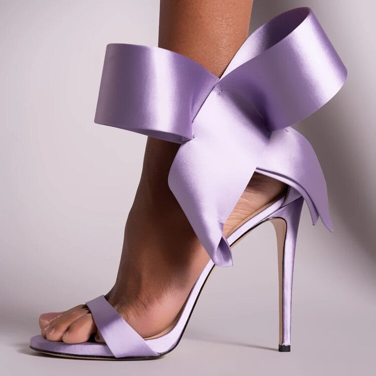 Women's Satin Stiletto Heels with Oversized Bow and Adjustable Ankle