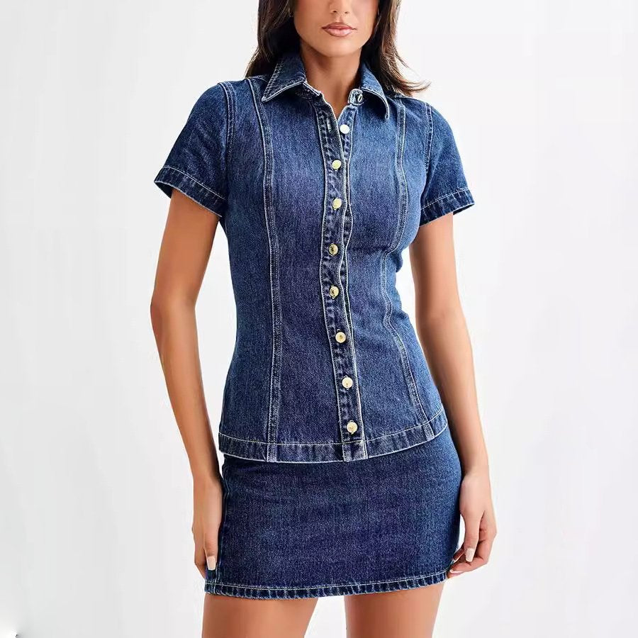 Women's Denim Shirt and Mini Skirt Two-Piece Set