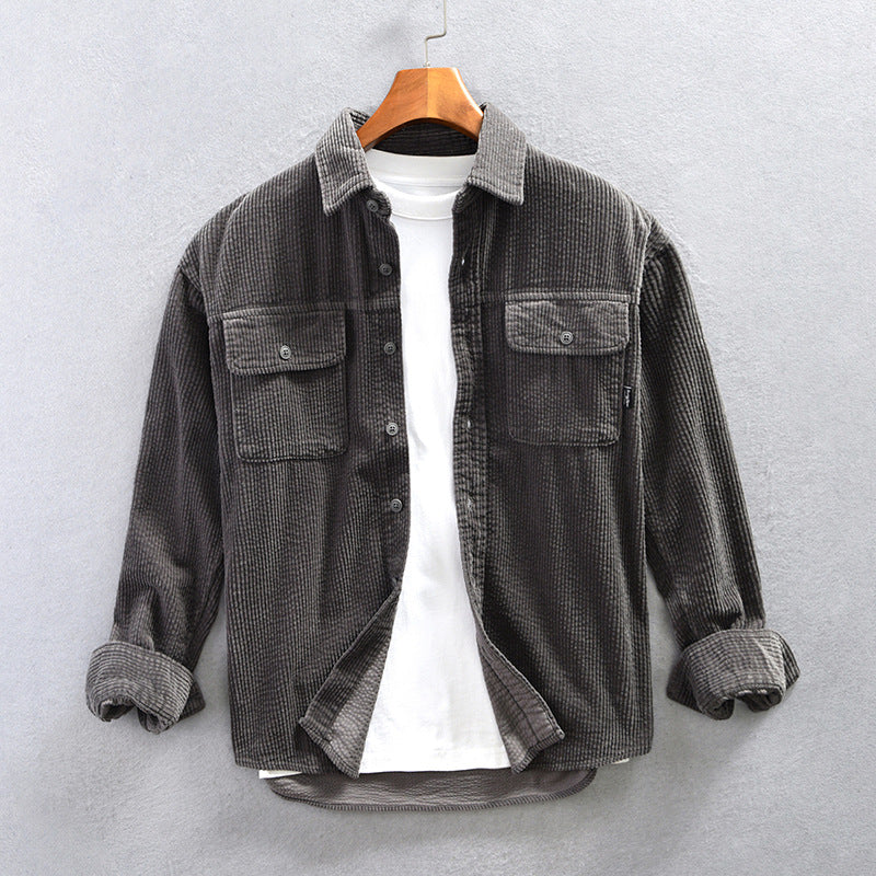 Men's Corduroy Shirt with Chest Pockets and Roll-Up Sleeves