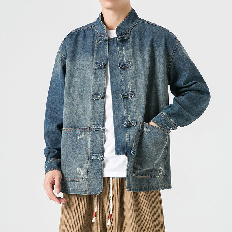 Men Denim Jacket with Toggle Buttons and Vintage Wash
