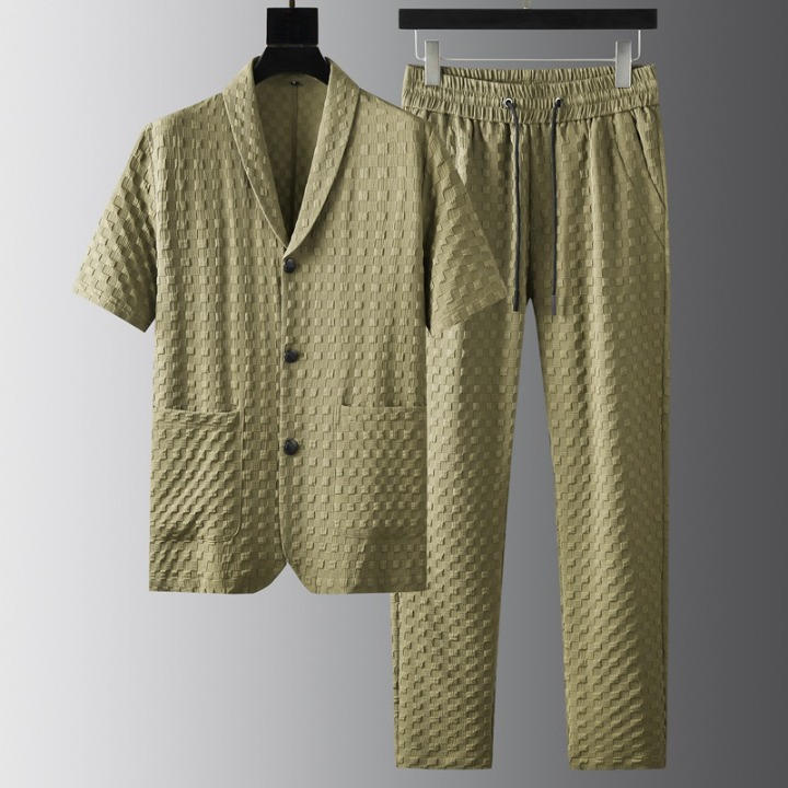 Men Textured Weave Drawstring Waist Shorts Set