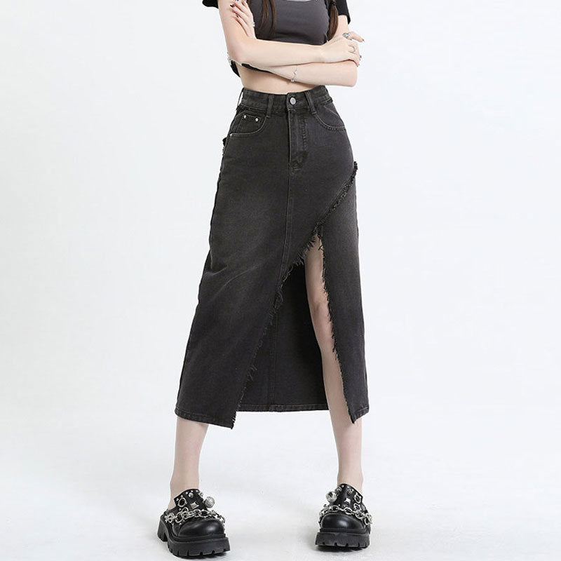Women Denim Skirt with Front Split and Frayed Hem