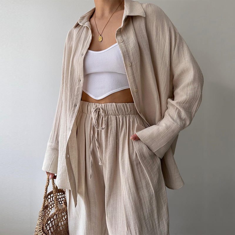Women's Knitted Button-Up Shirt and Drawstring Pants Set