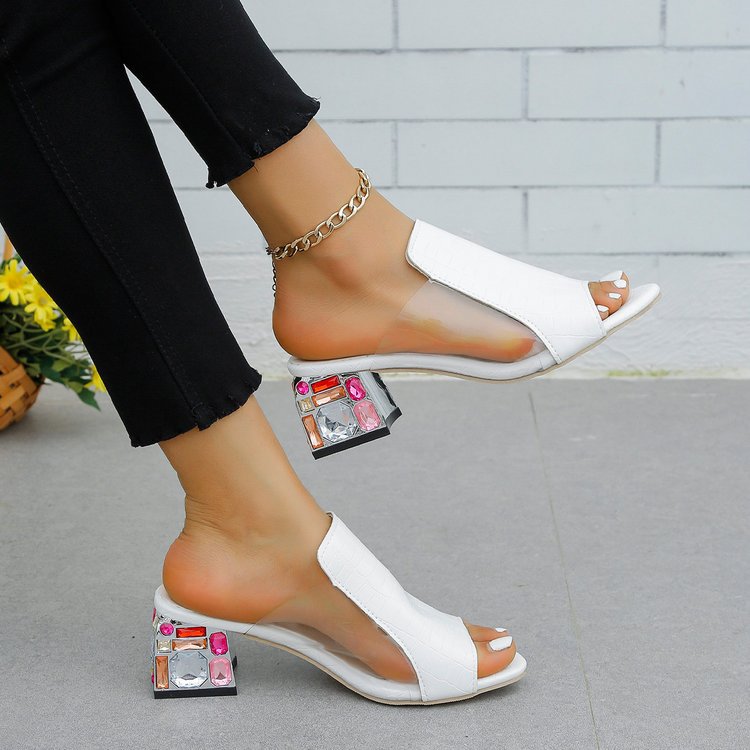Women Block Heel Sandals Floral Pattern Slip-On Gemstone Embellished