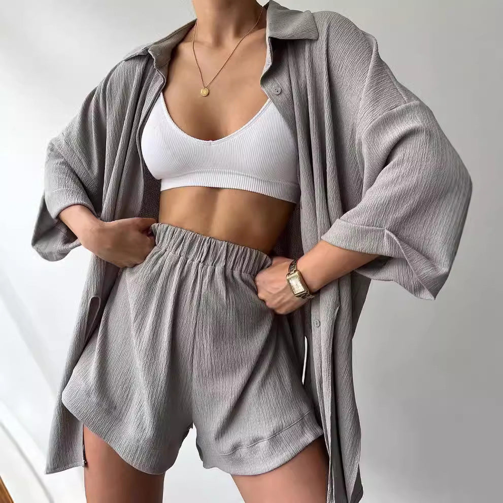 Women's Summer Button-Up Shirt and High-Waist Shorts Set