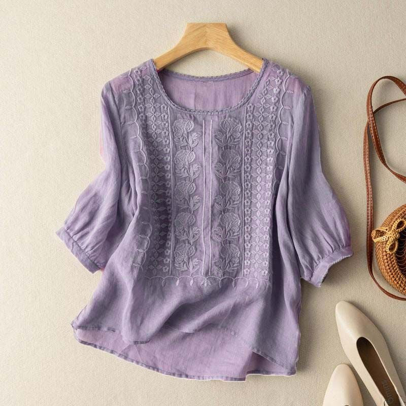Women's Linen Shirt with Knitted Floral Detailing and Flowy Fit