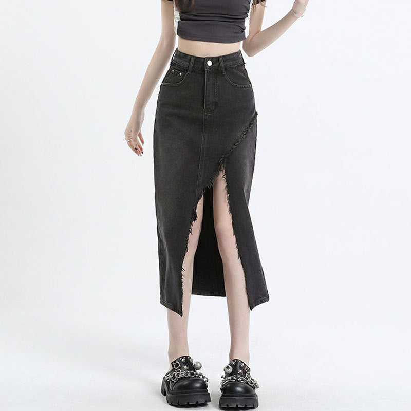 Women Denim Skirt with Front Split and Frayed Hem