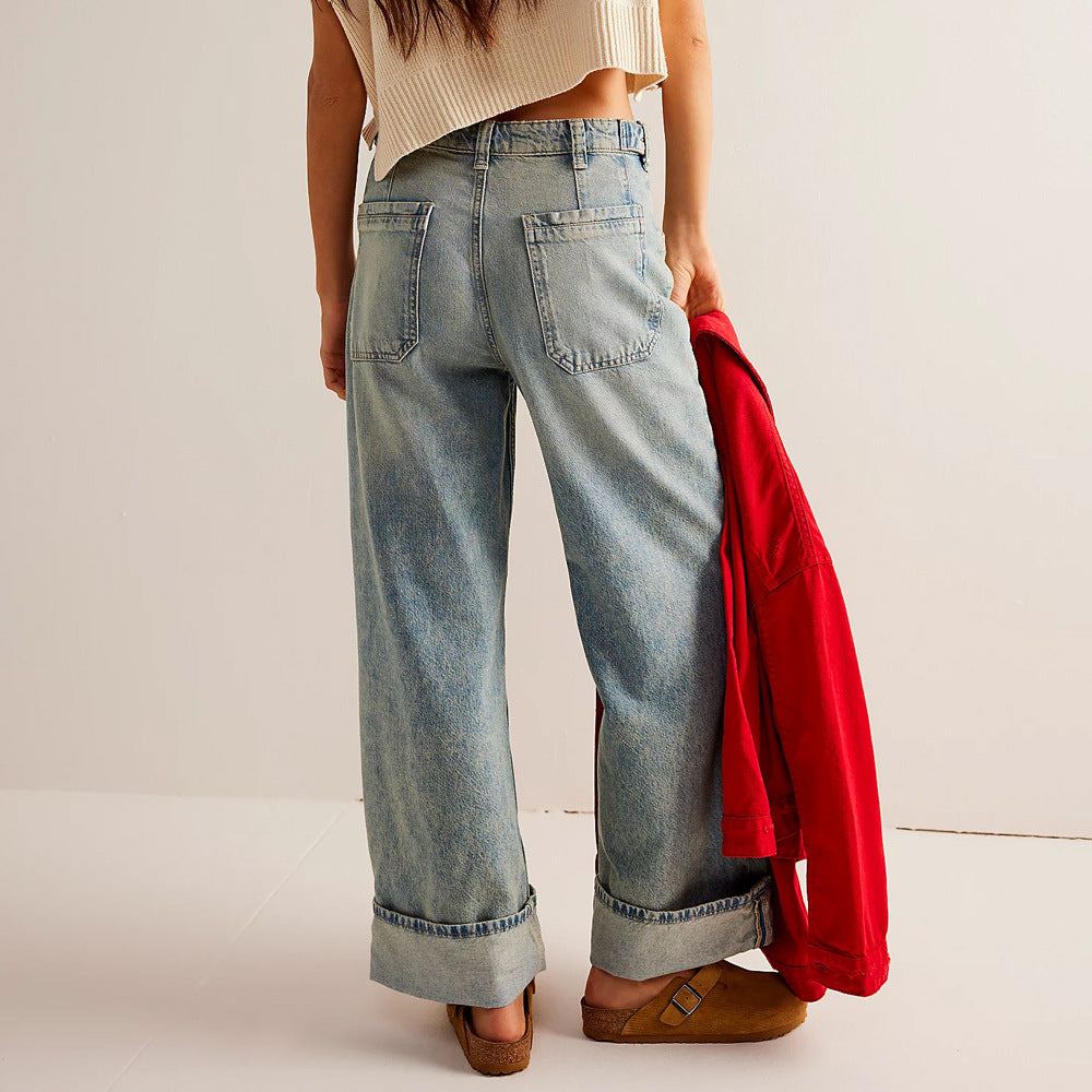 Women Wide-Leg Jeans with Mid-Rise Waist and Oversized Pockets