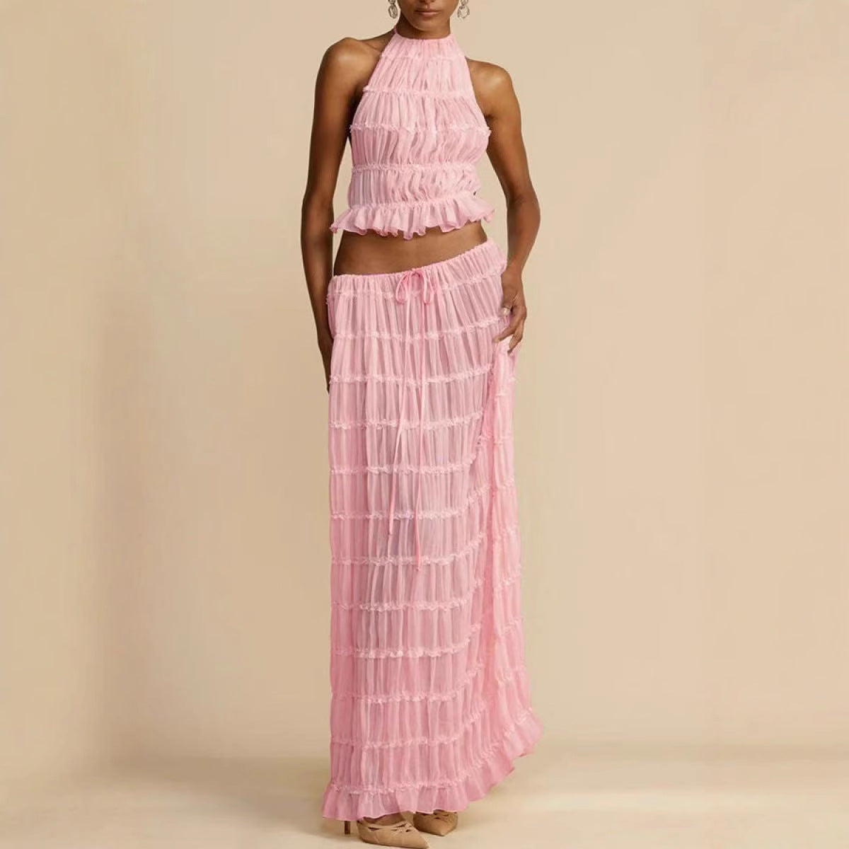 Women Halter Top Maxi Skirt Set with Smocked Bodice and Elastic Waistband