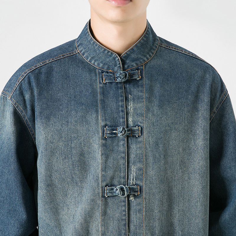 Men Denim Jacket with Toggle Buttons and Vintage Wash