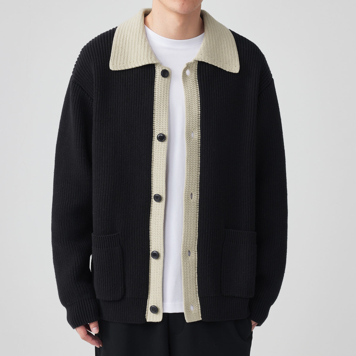 Men's Ribbed Cotton Cardigan with Contrast Collar