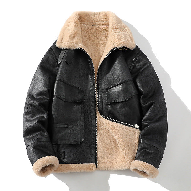 Men's Winter Aviator Jacket with Leather Exterior and Sherpa Fleece Lining